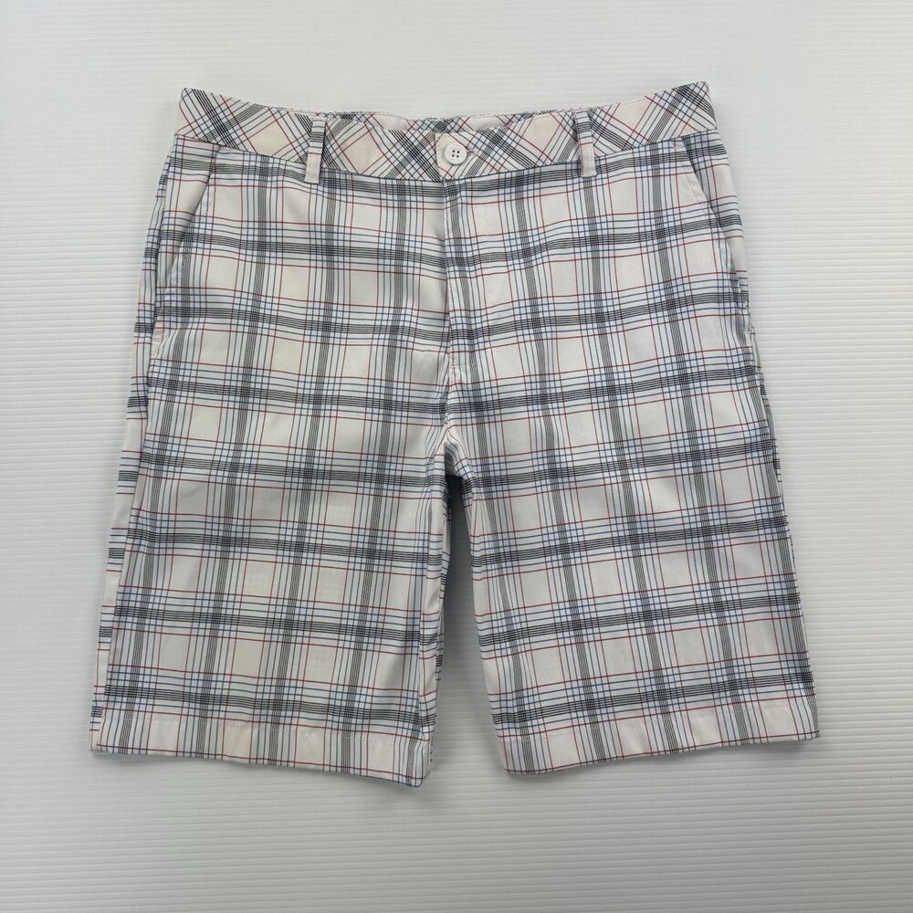 IZOD Golf Plaid Shorts Mens 34 White Blue Red Stretch Performance Flat Front